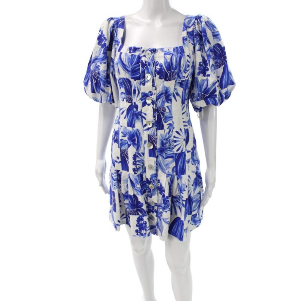 Farm Rio Women Mini Floral Linen Square Neck Short Sleeve Dress Size XS